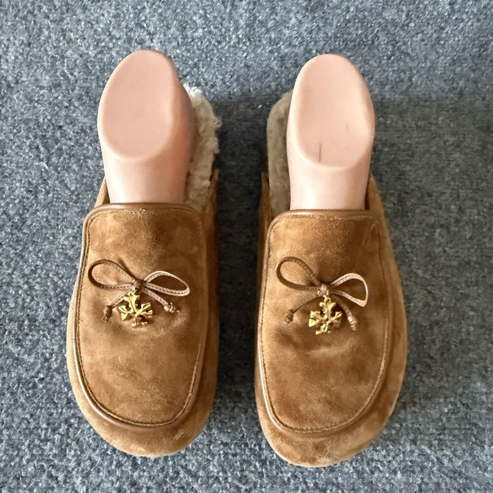 Tory Burch Tory Charm Suede Shearling Mules Toasted Caramel Cozy Clog Slipper 9